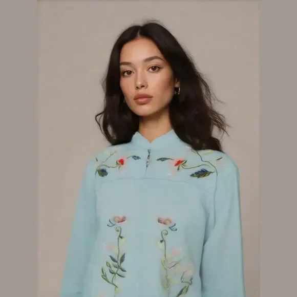 Quacker Factory Aqua Blue Floral Multicolor Embroidery Mock Neck Jacket Women 1X - Picture 1 of 14
